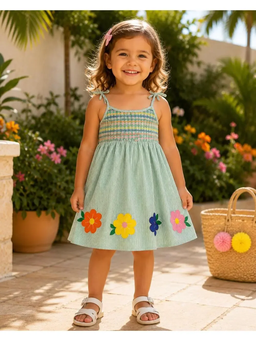 Goodlad Girls‎ 4T Green Seersucker Floral Applique Smocked Summer Dress